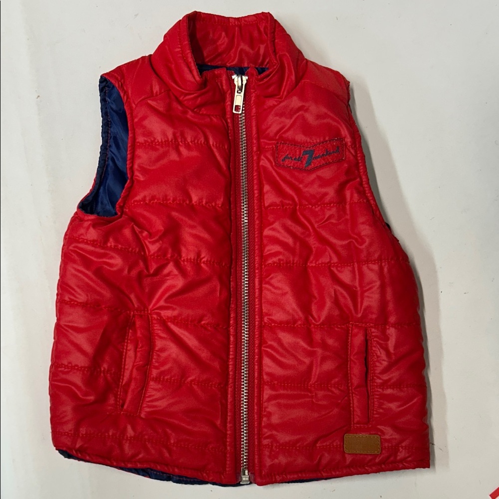 7 For All Mankind Red Quilted Puffer Vest with Navy Logo Detail size 18 months